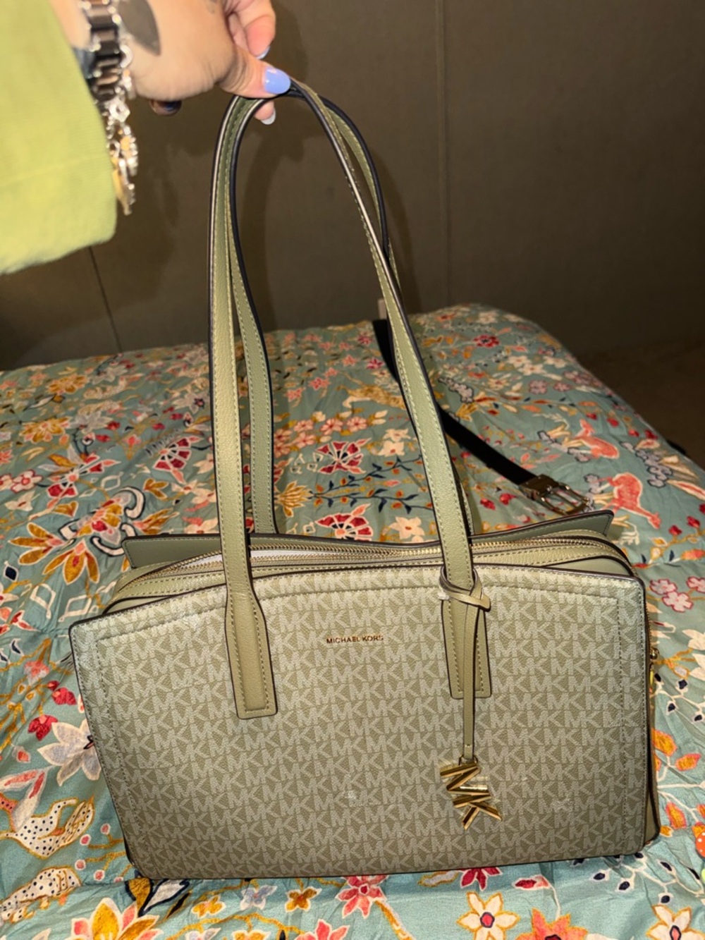 Michael Kors Safari Green MK Signature Double-Handle Shoulder Bag